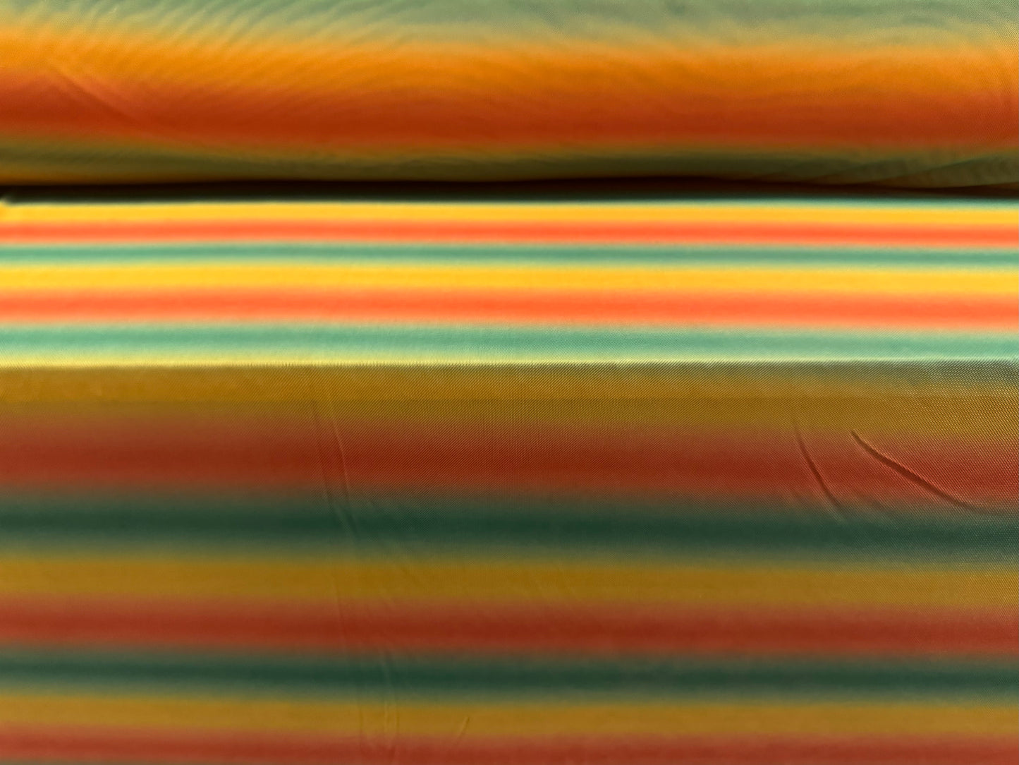 Power mesh net stretch spandex fabric, per metre - ombré stripe print - orange green & amber