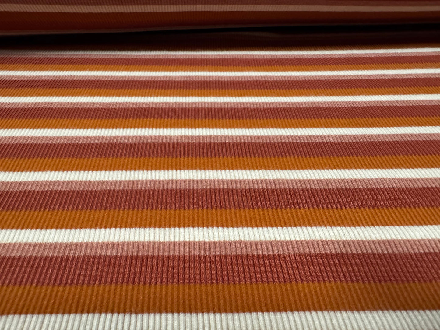 Stretch Spandex rib jersey fabric, per metre - stripe - burnt orange & cream