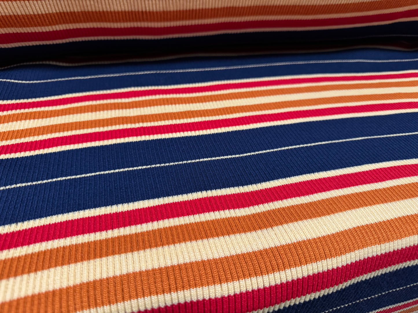 Heavyweight ribbed fabric for collars and cuffs, per metre - stripe - navy cream & orange
