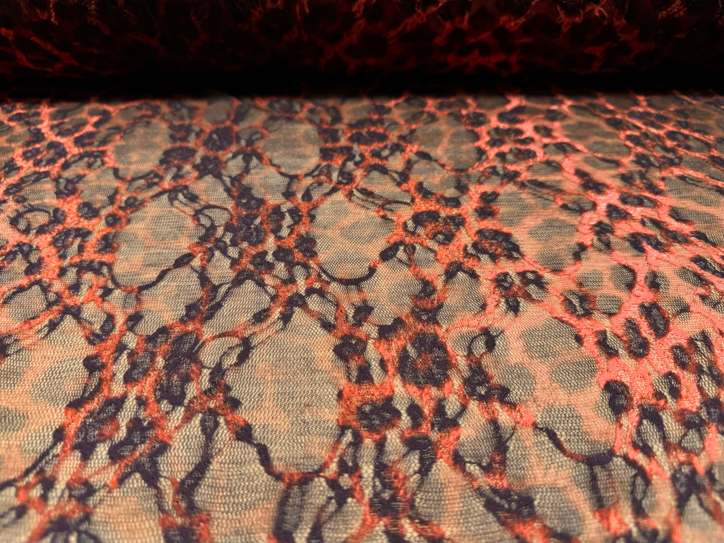 Stretch spandex mesh lace fabric, per metre - leopard animal print - burnt coral