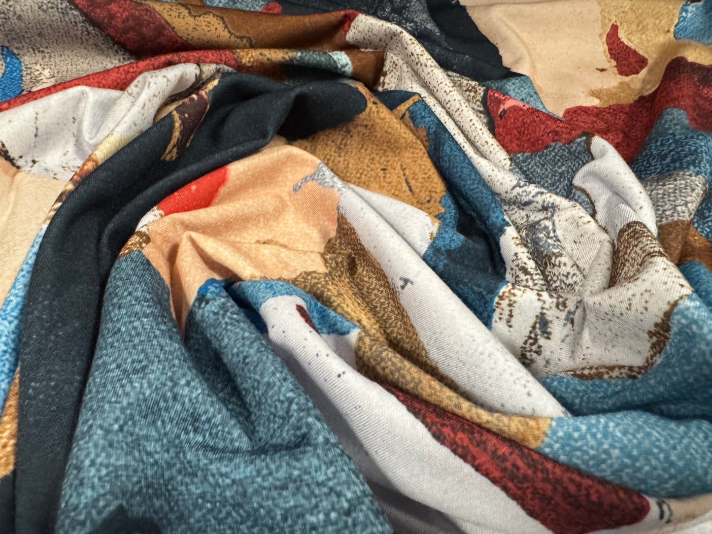 Stretch spandex interlock jersey fabric, per metre - sbstract patchwork print - multicolour