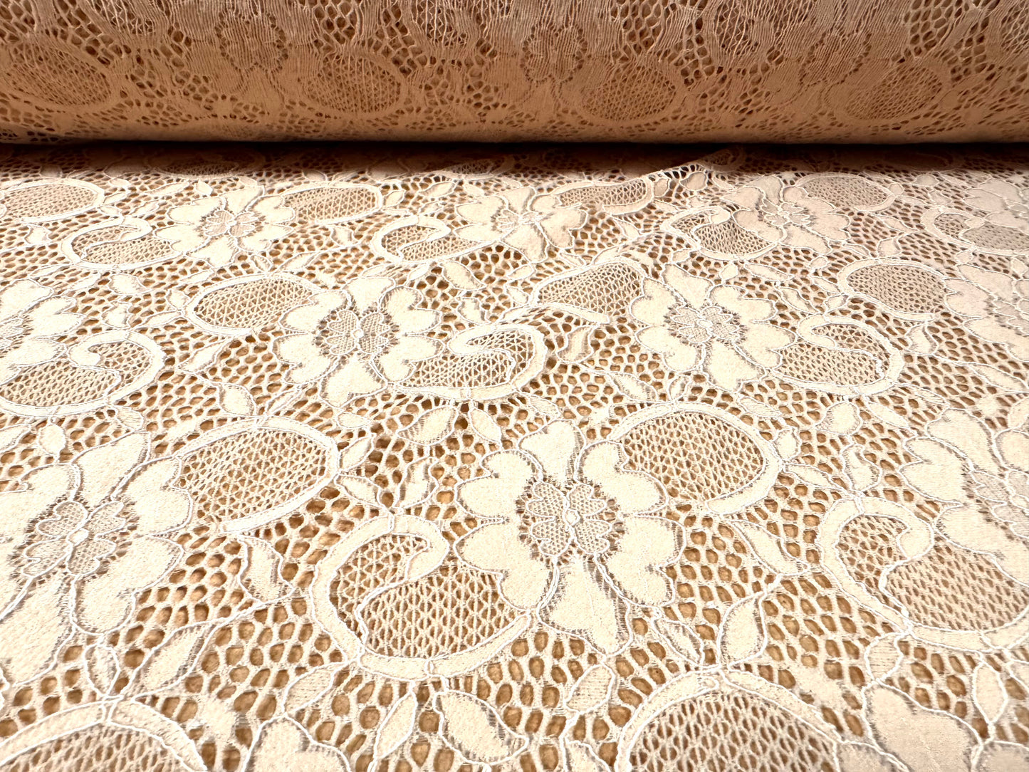 Corded stretch spandex lace fabric, per metre - floral - matte nude