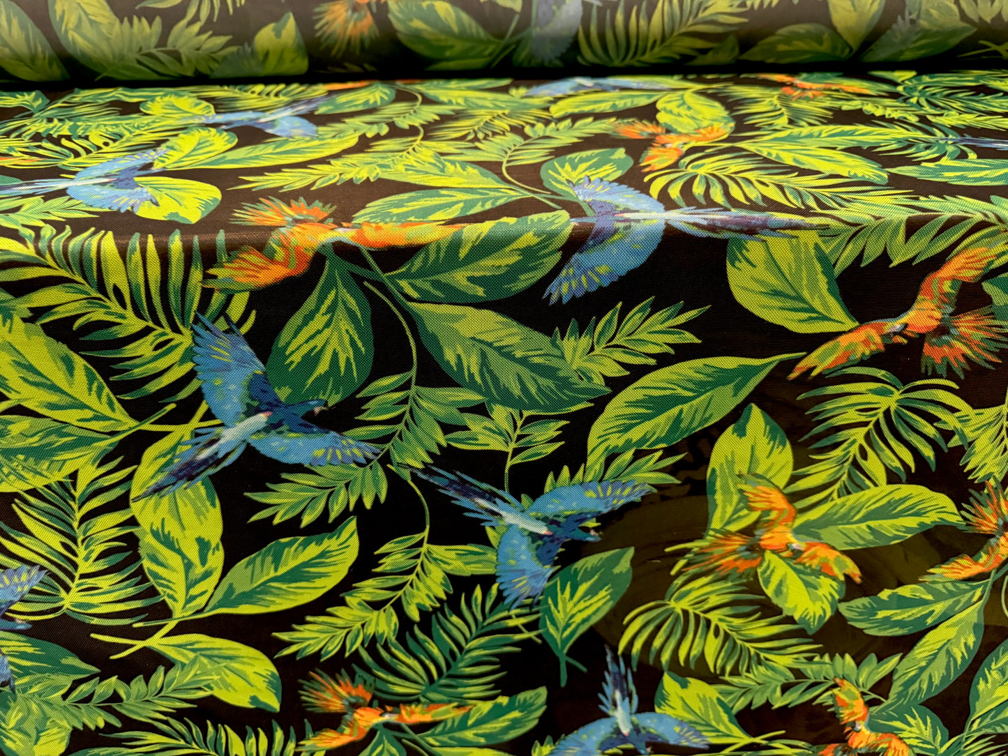 Power mesh net stretch spandex fabric, per metre - parrots in the rainforest - multicolour