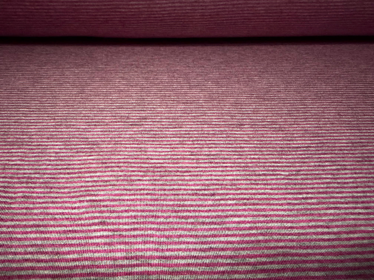 Viscose spandex stretch single jersey fabric, per metre - pinstripe - pink & grey