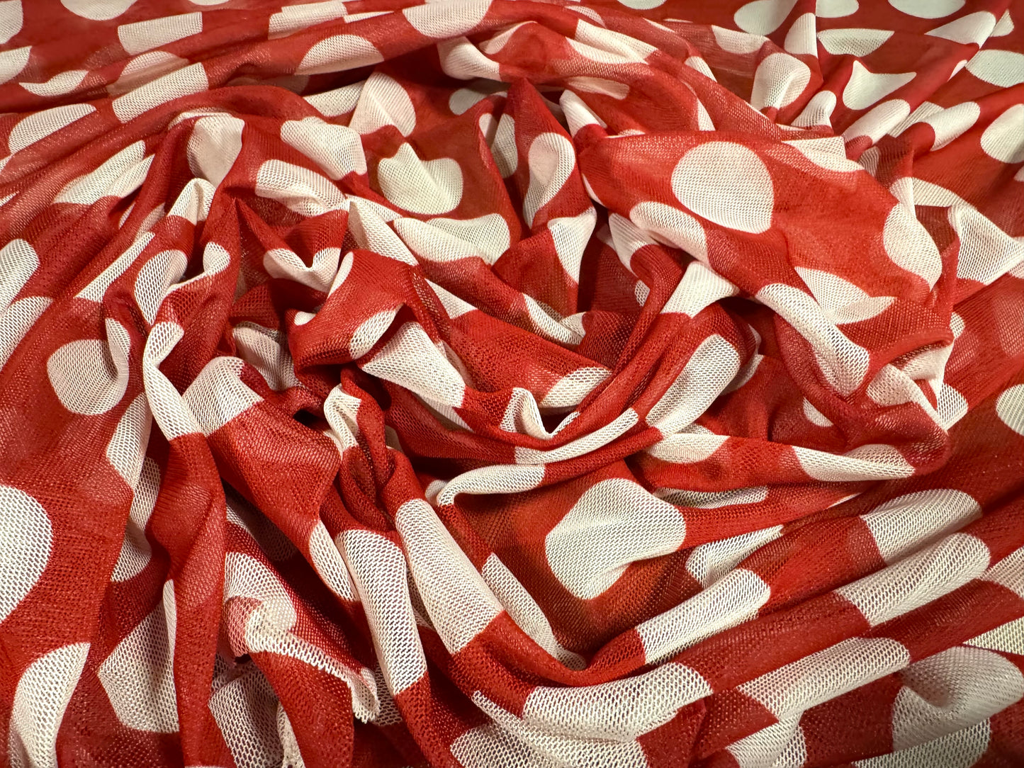 Power mesh net stretch spandex fabric, per metre - polka dot print - red & white