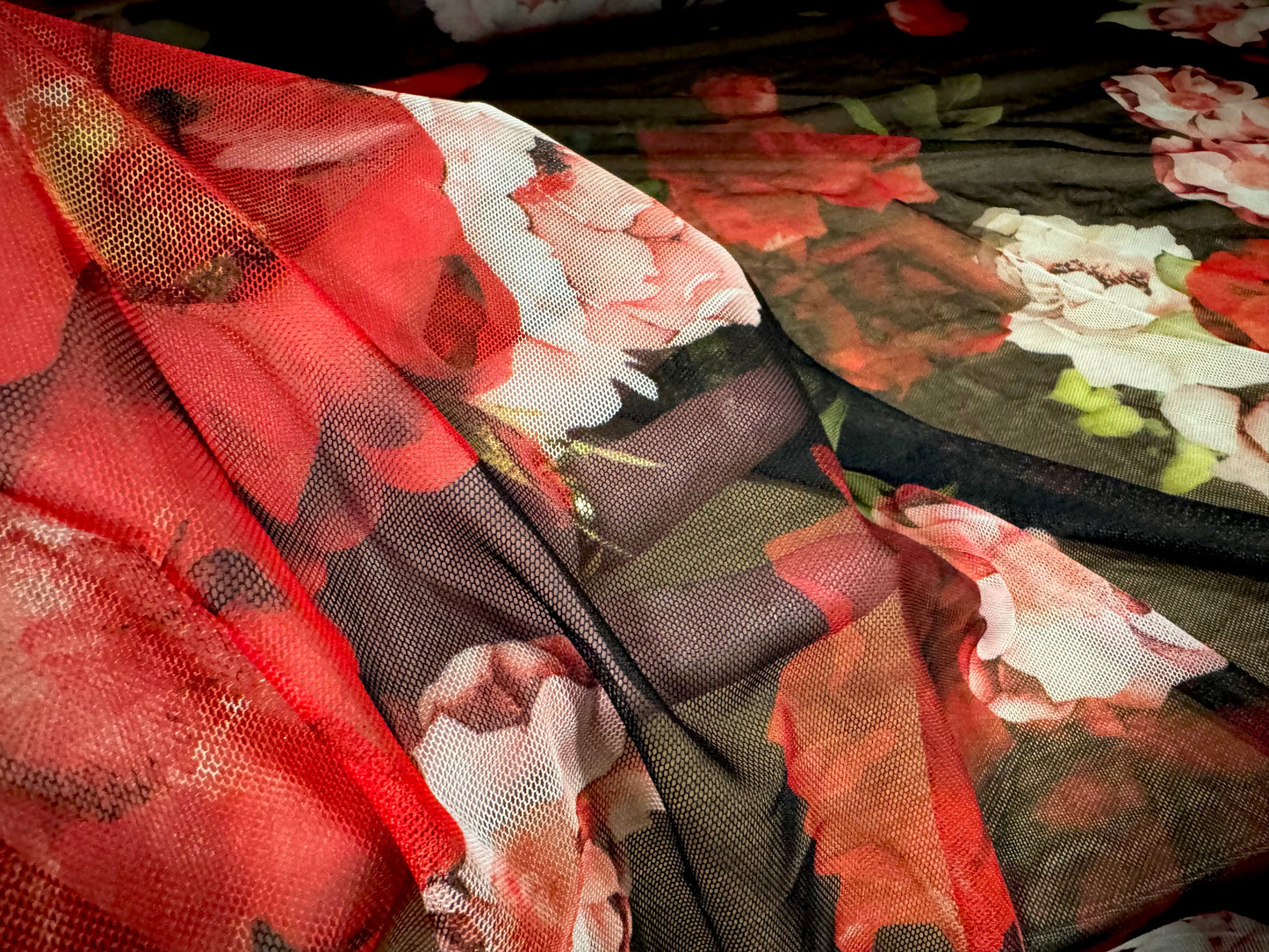Power mesh net stretch spandex fabric, per metre - English Rose print - black & red