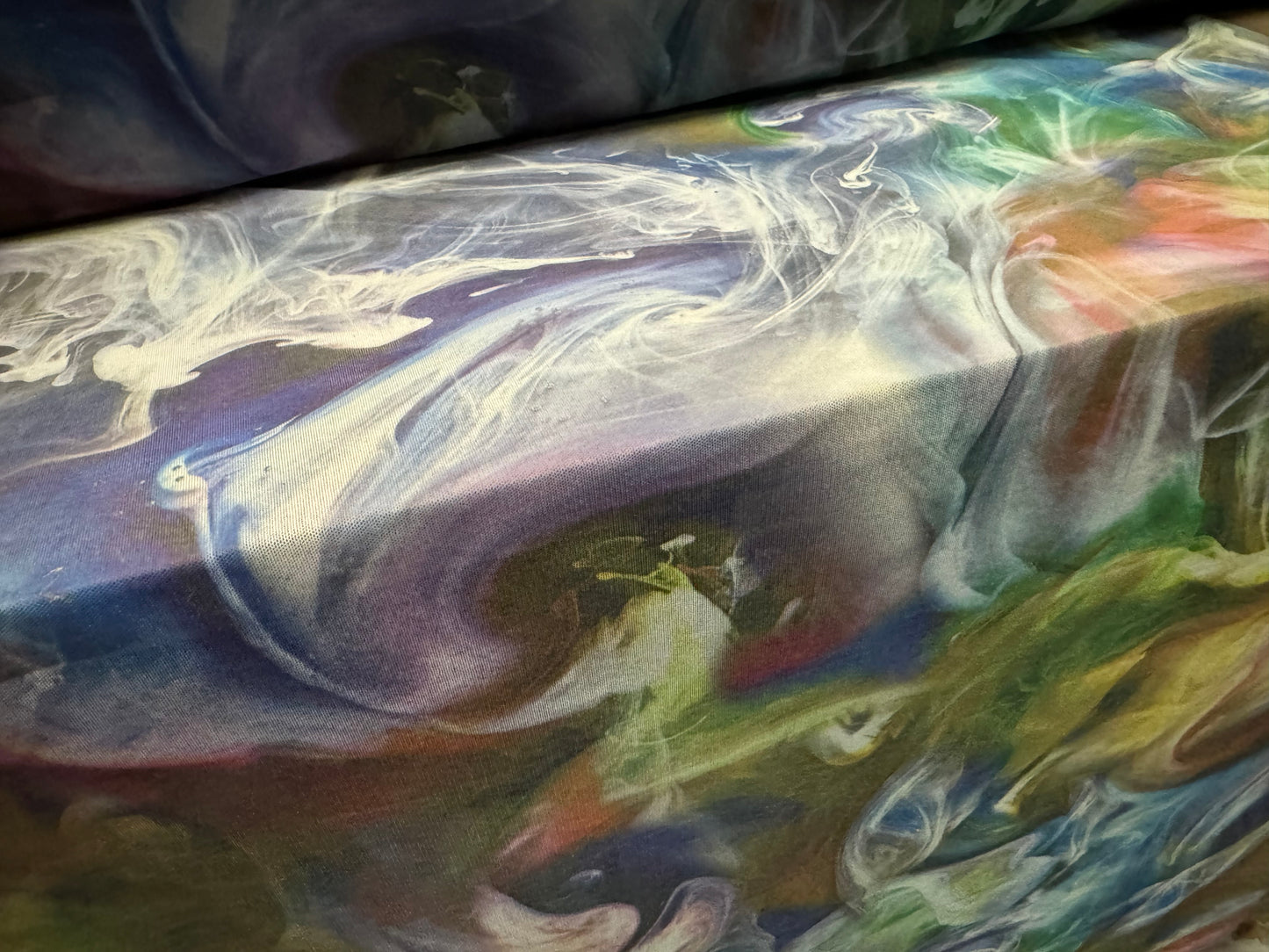 Power mesh net sheer stretch spandex fabric, per metre - paint explosion swirl print