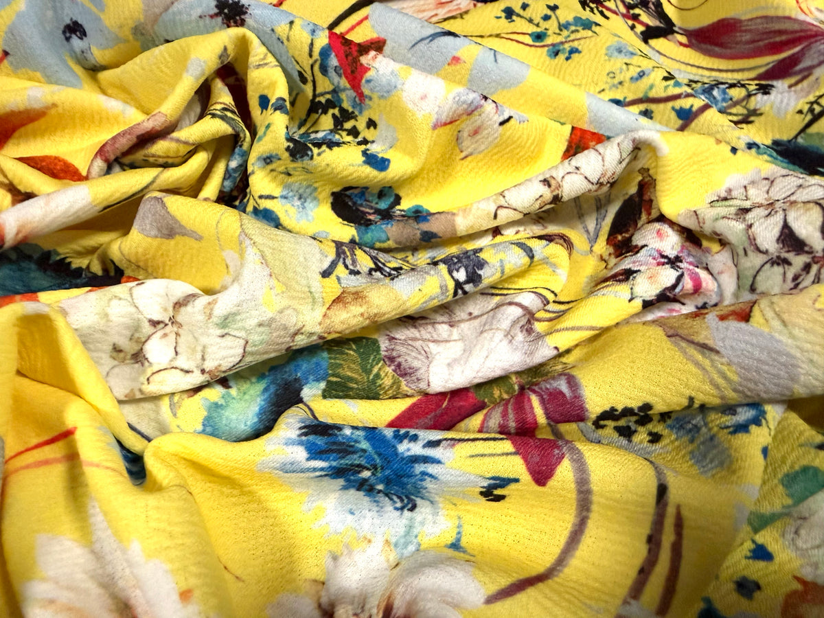 Liverpool stretch spandex double jersey fabric, per metre - floral print - yellow