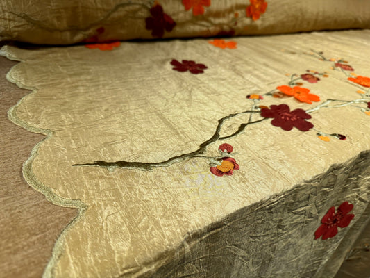 Taffeta faux silk fabric, per metre - embroidered blossom appliqué border - old gold