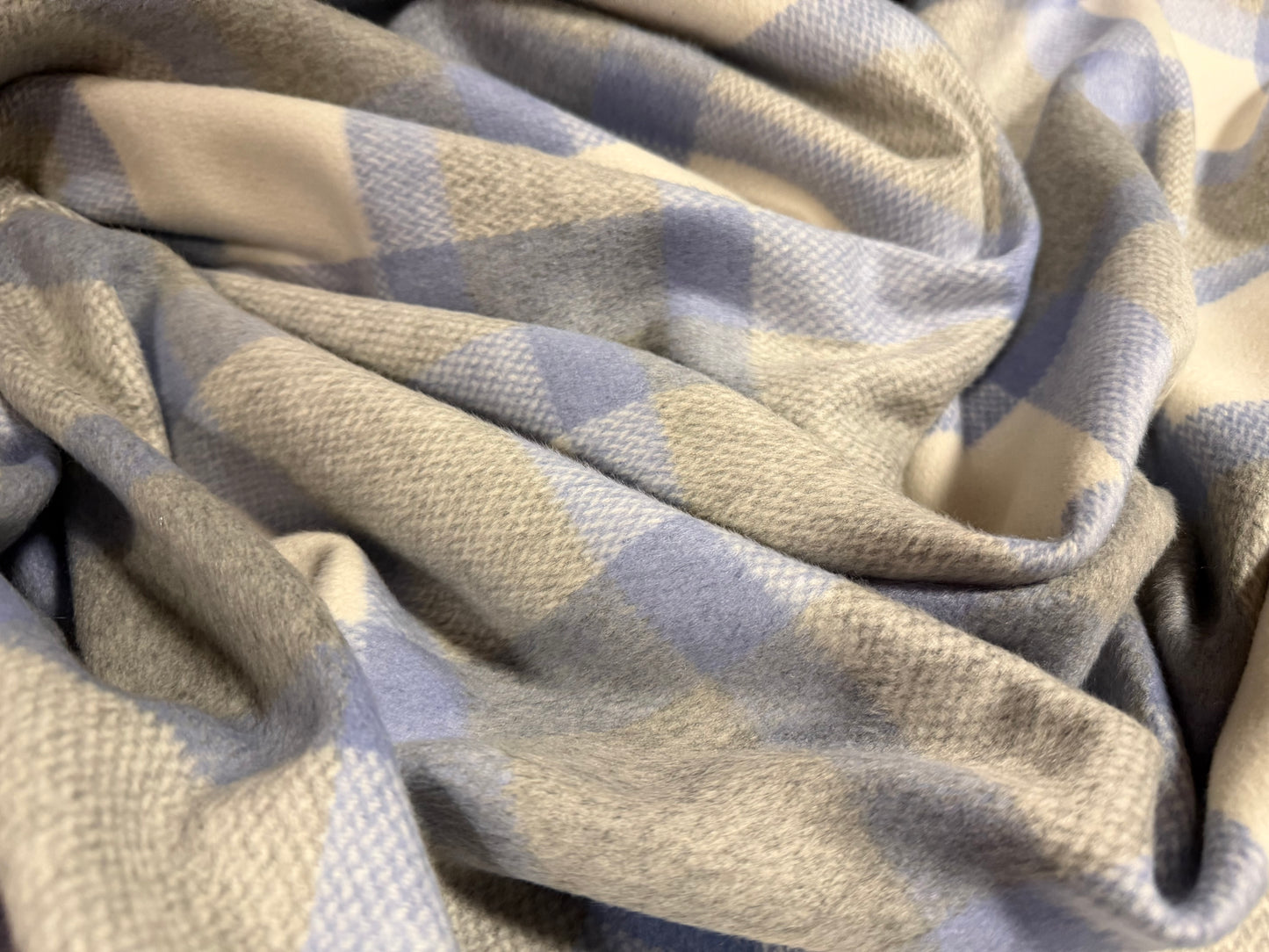 Heavyweight wool flannel brushed coat jacket fabric, per metre - plaid check - sky blue & ivory