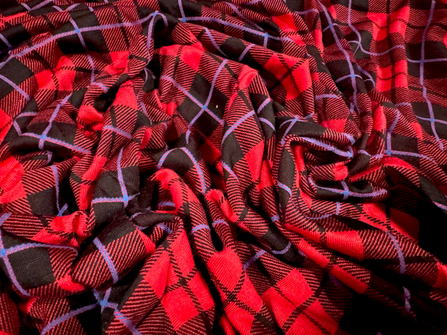 Viscose spandex stretch single jersey fabric, per metre - tartan check print - red black & blue