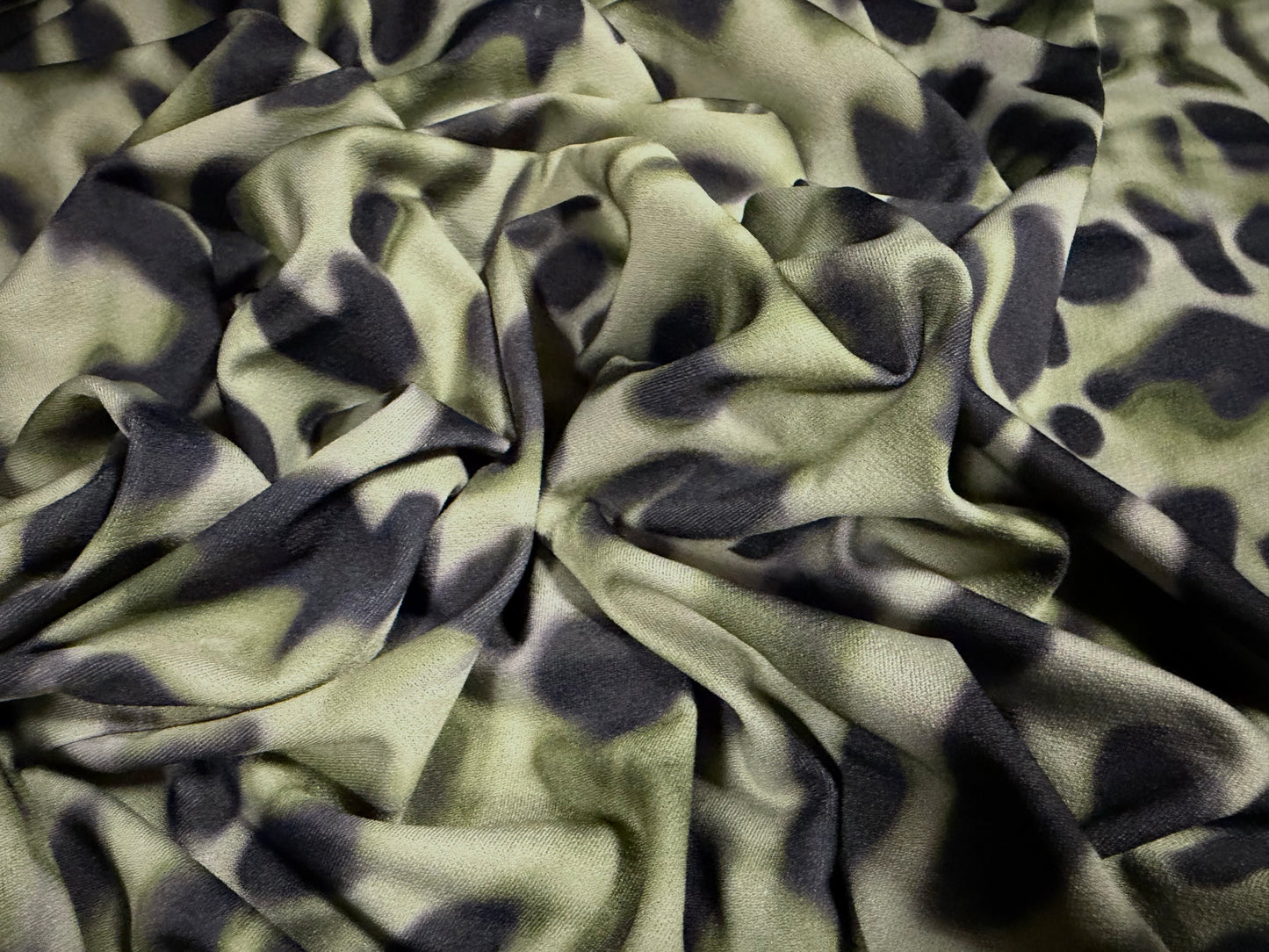 Stretch spandex crepe jersey fabric, per metre - leopard print - sage green & grey