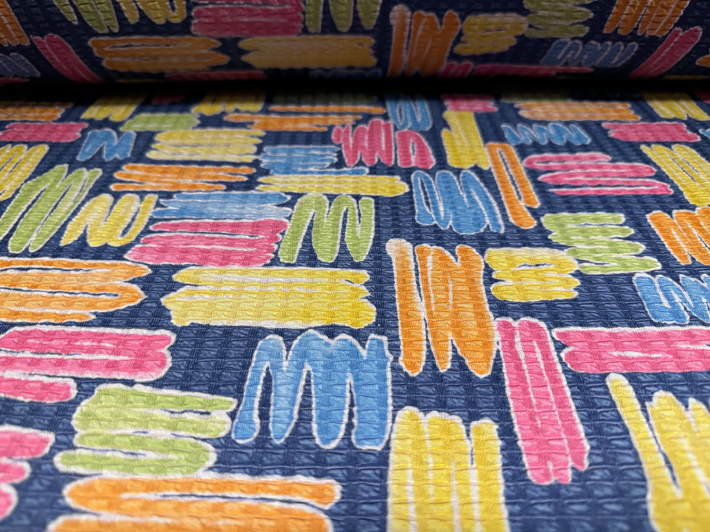 Double jersey jacquard stretch spandex fabric, per metre - squiggle print - multicolour
