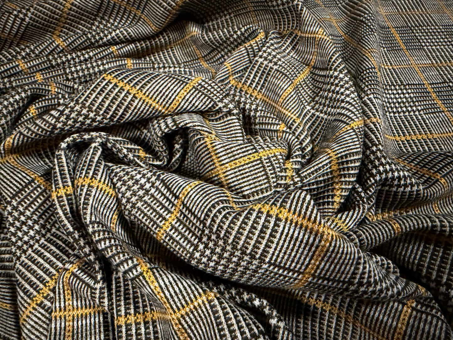 Double jersey fashion fabric, per metre - check jacquard - grey & mustard