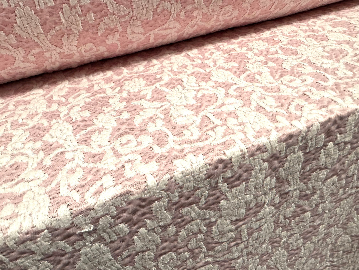 Stretch spandex double jersey fabric, per metre - floral blister jacquard - pink & white