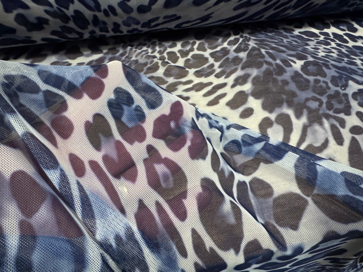 Power mesh net stretch spandex fabric, per metre - animal print - blue