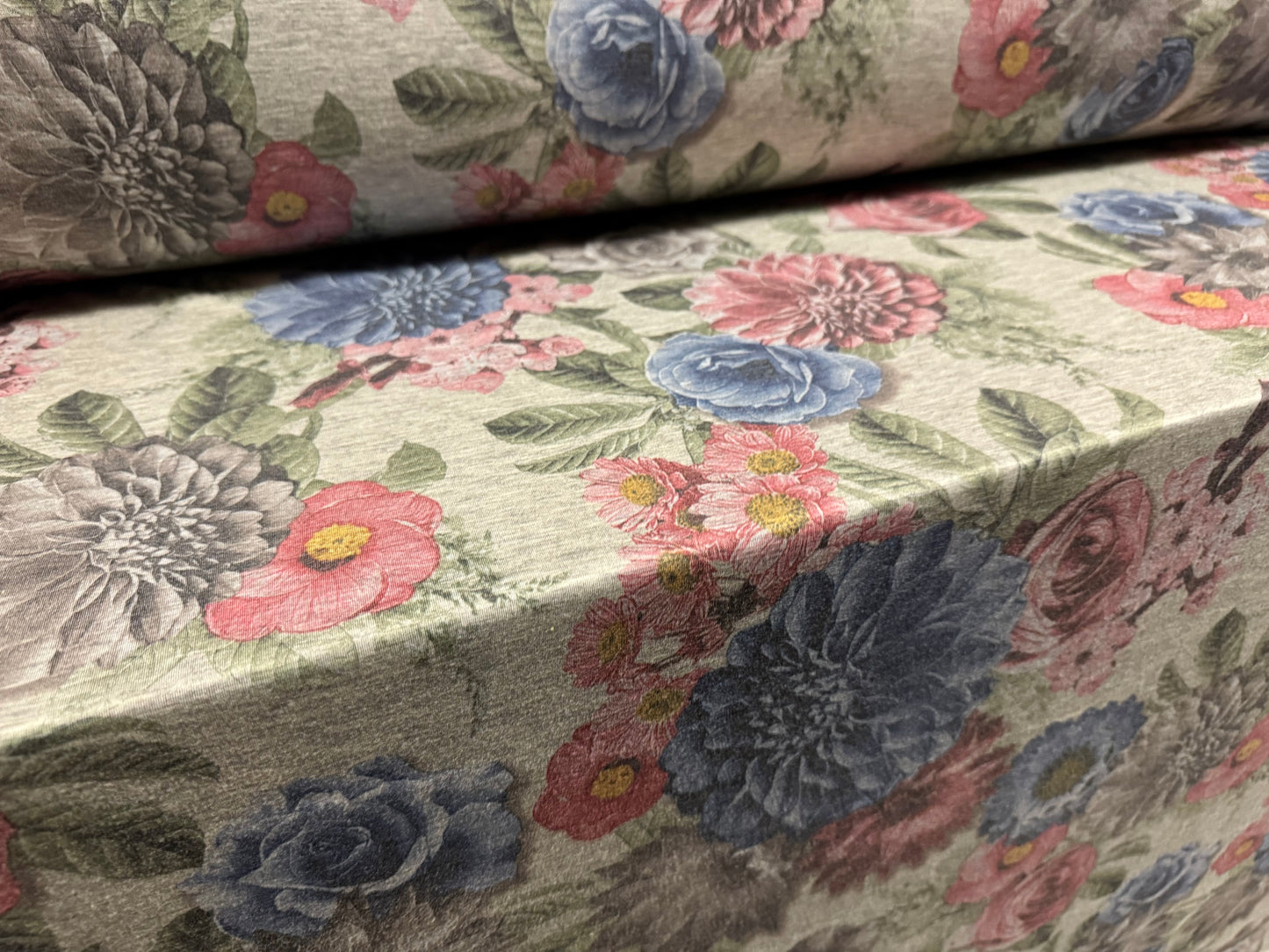 Stretch spandex melange jersey fabric, per metre - rose & dahlia flower print - blue pink & grey