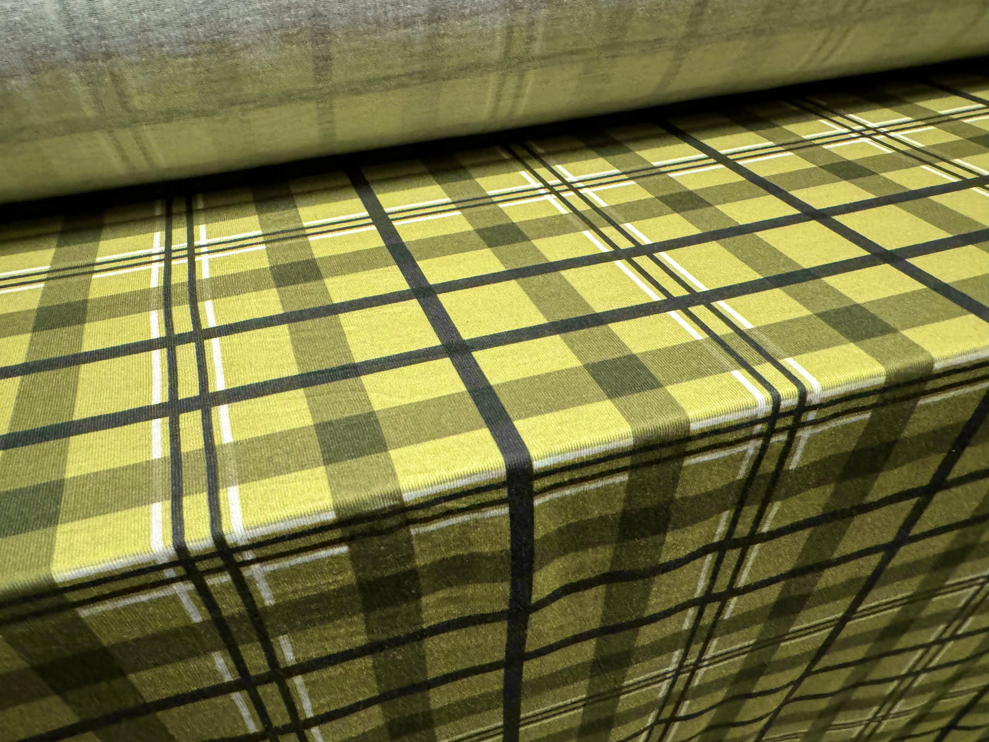 Soft handle stretch single jersey fashion fabric, per metre - tartan check print - khaki & sage green