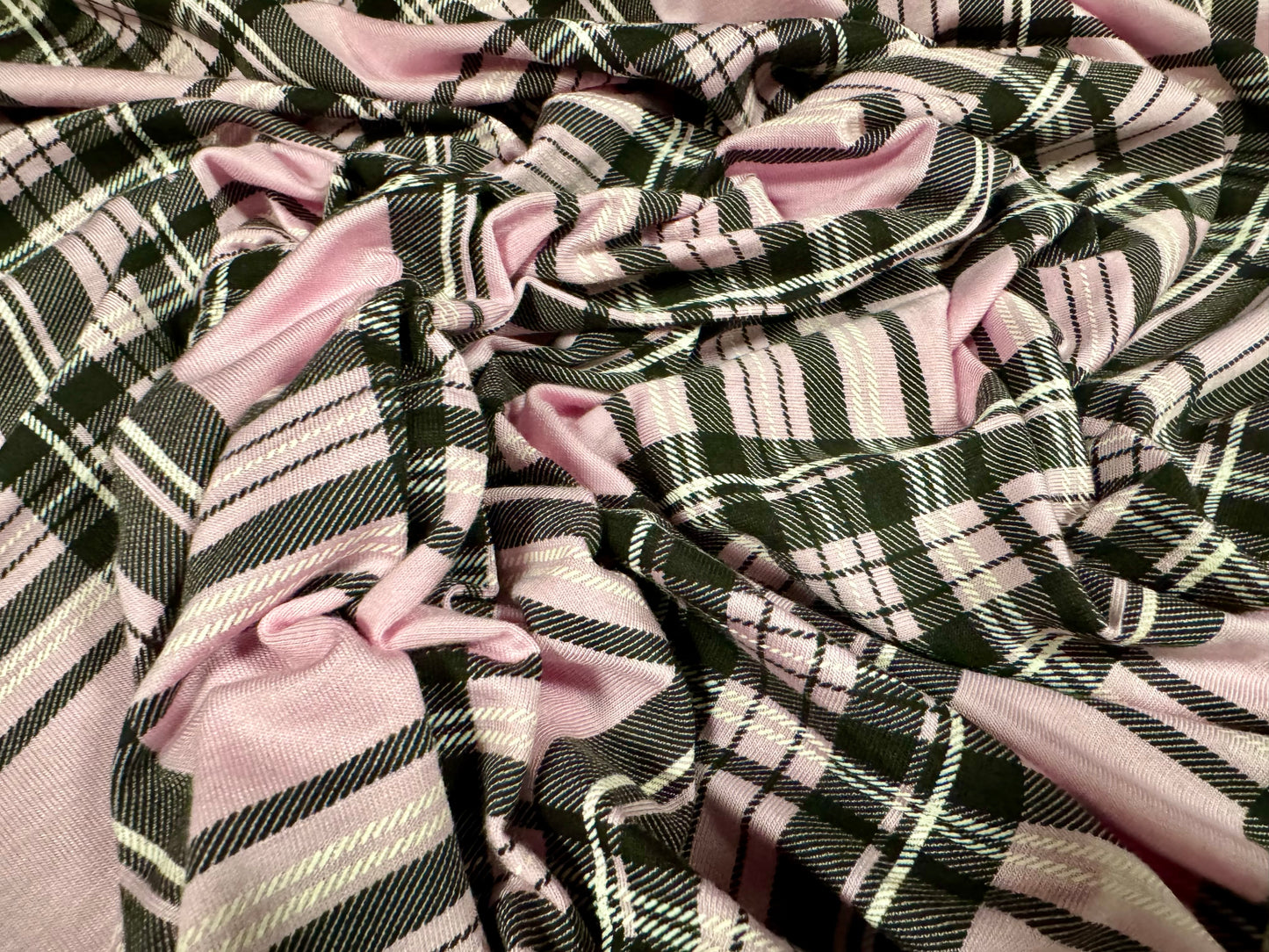 Viscose spandex stretch single jersey fabric, per metre - tartan check print - baby pink