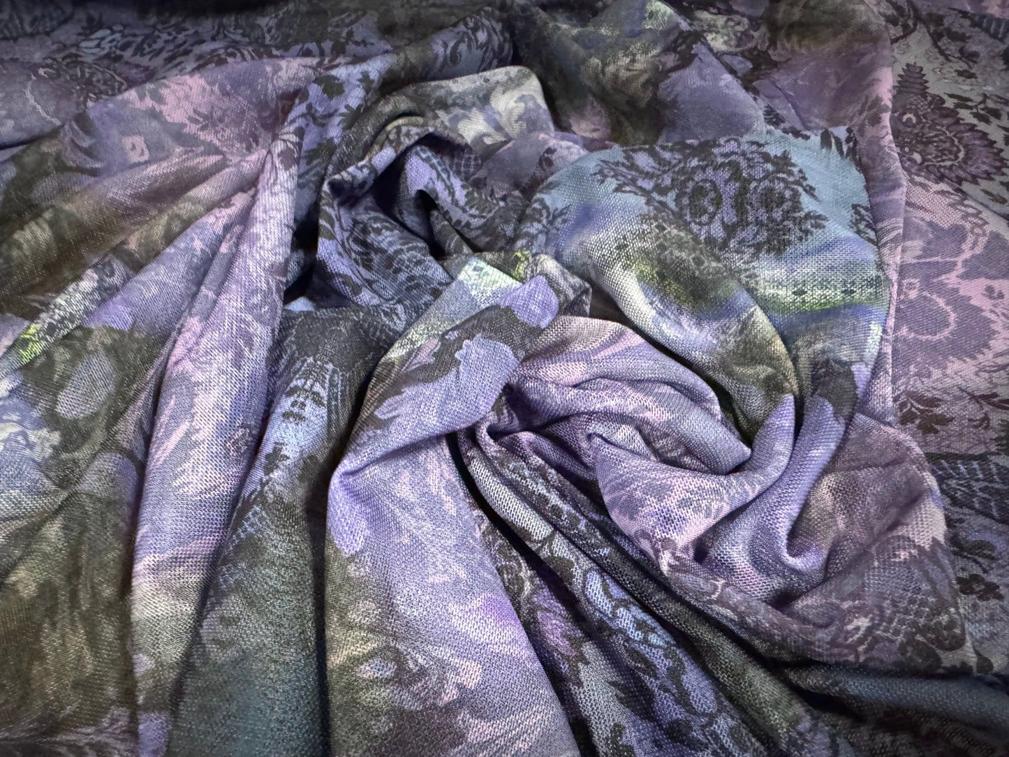 Power mesh net stretch spandex fabric, per metre - paisley print - purple & khaki
