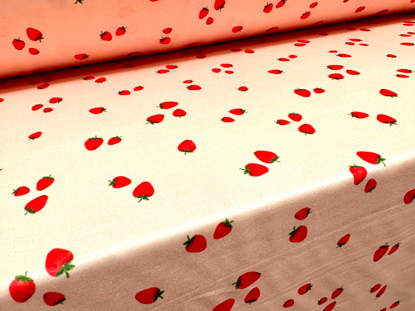 Scuba stretch spandex double jersey dress fabric, per metre - strawberry print - pink