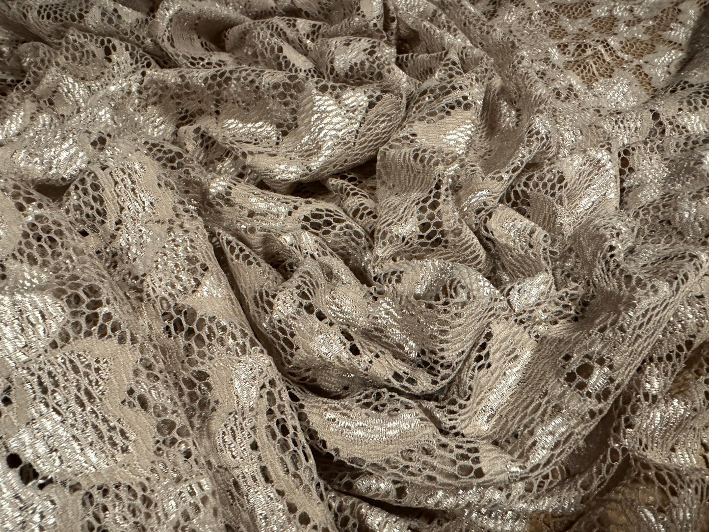 Stretch lace dress fabric, per metre - flower design - mid brown