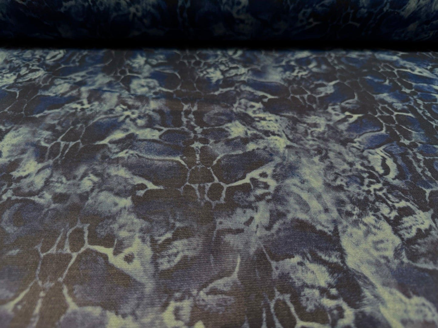 Power mesh crepe stretch spandex fabric, per metre - stylised animal print - blue