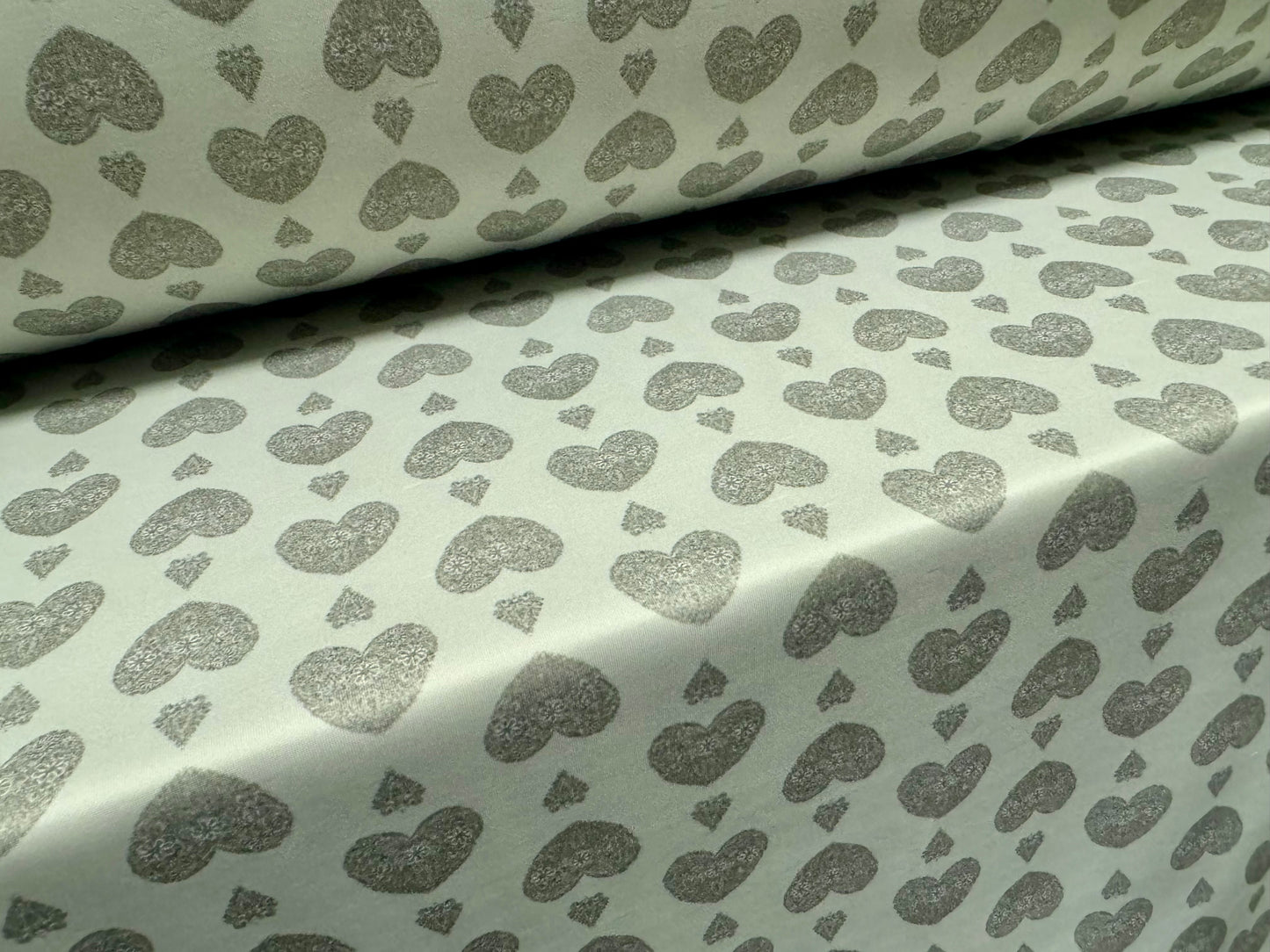 Scuba spandex double jersey fashion fabric, per metre - love hearts print - sage green & grey