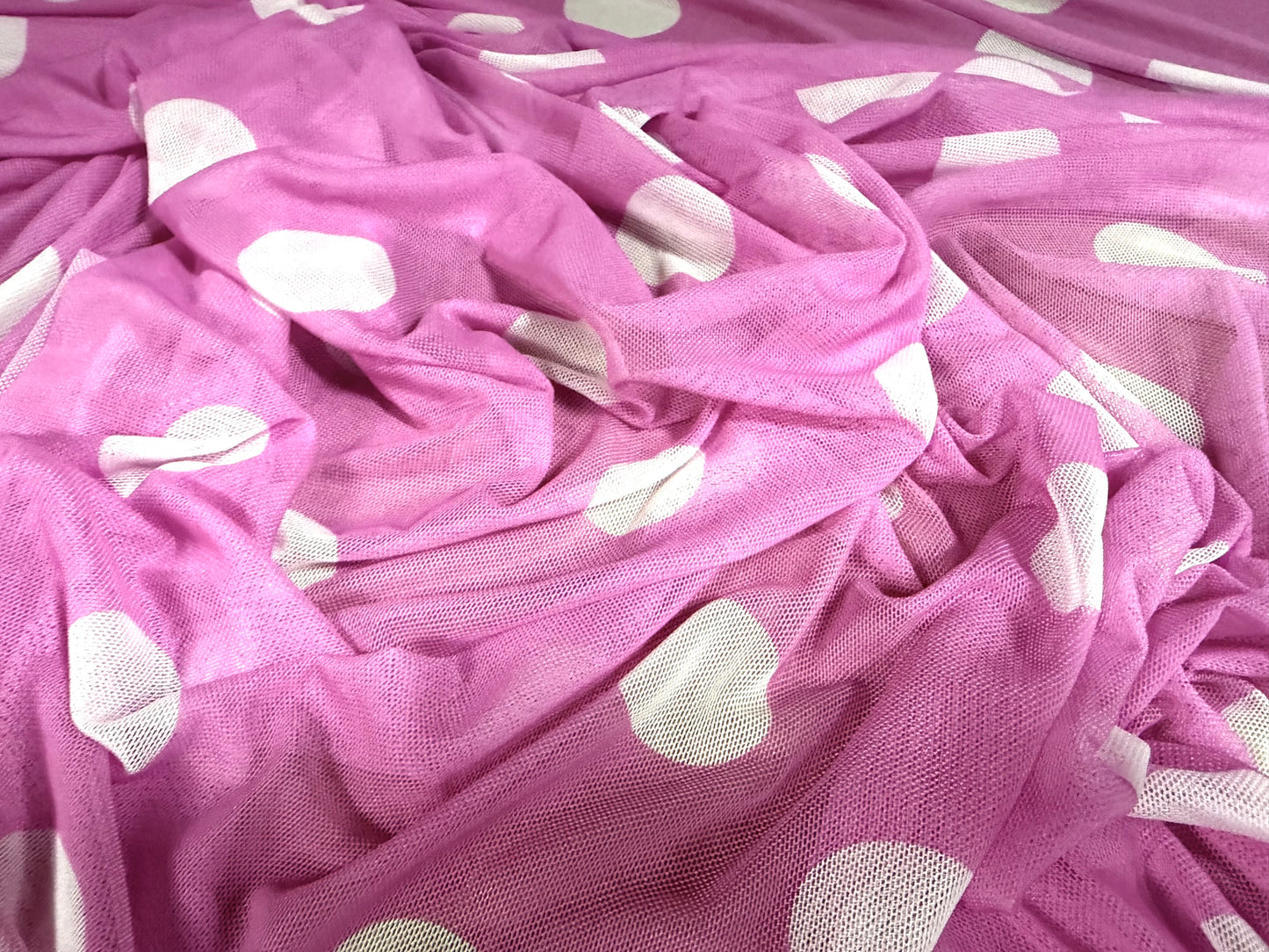Power mesh net stretch spandex fabric, per metre - polka dot print - pink & white