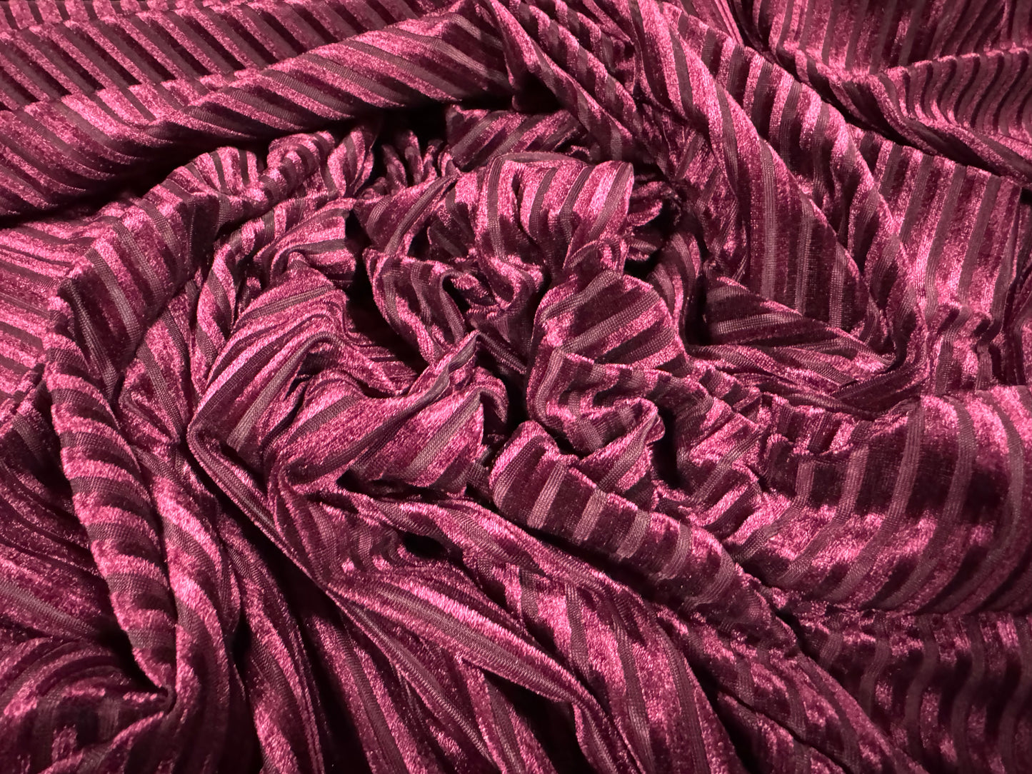 Spandex velvet stretch dress fabric, per metre - burnout ribbed stripe - magenta