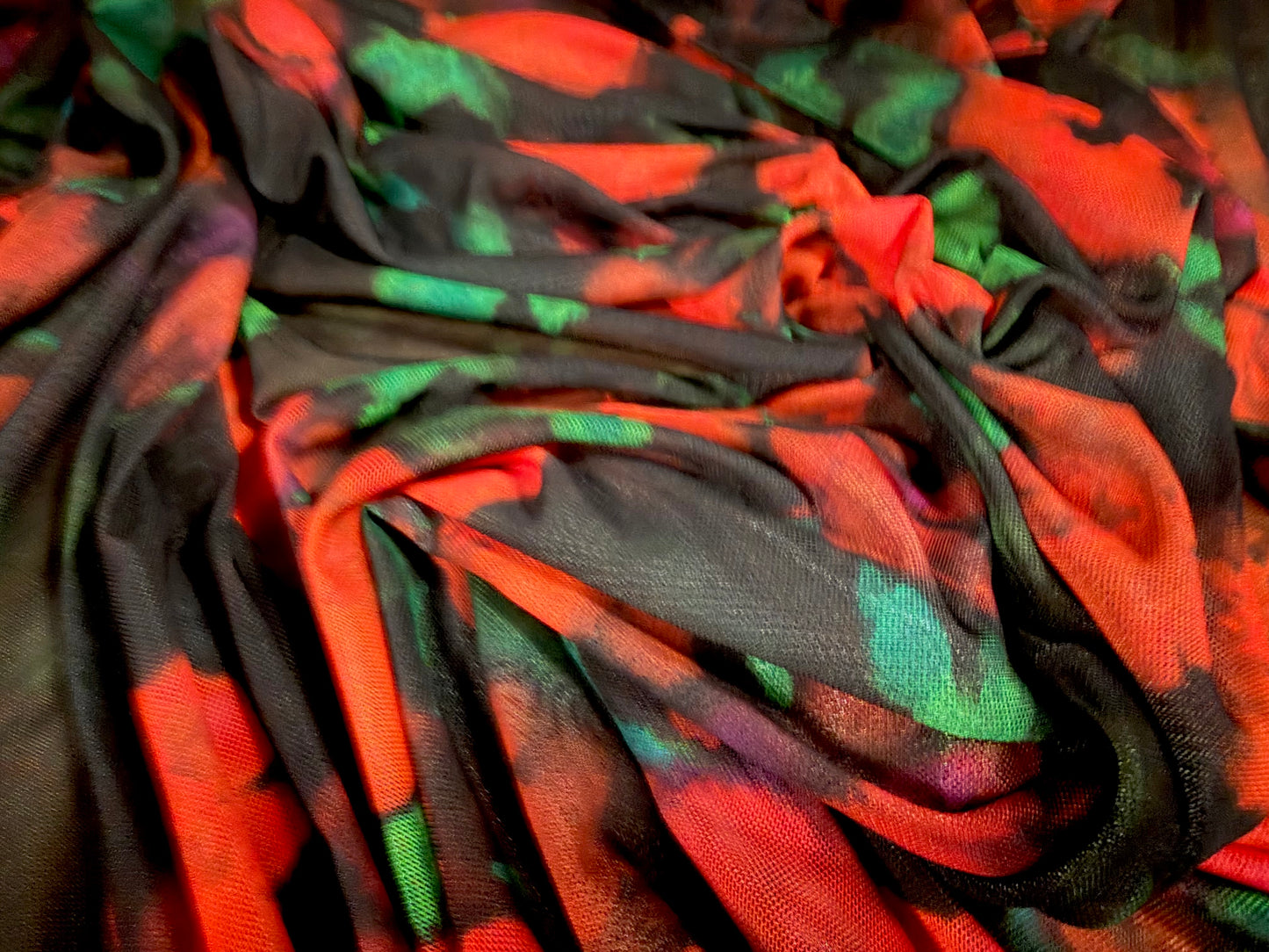 Power mesh net stretch spandex fabric, per metre - wild rose print - bright scarlet & black