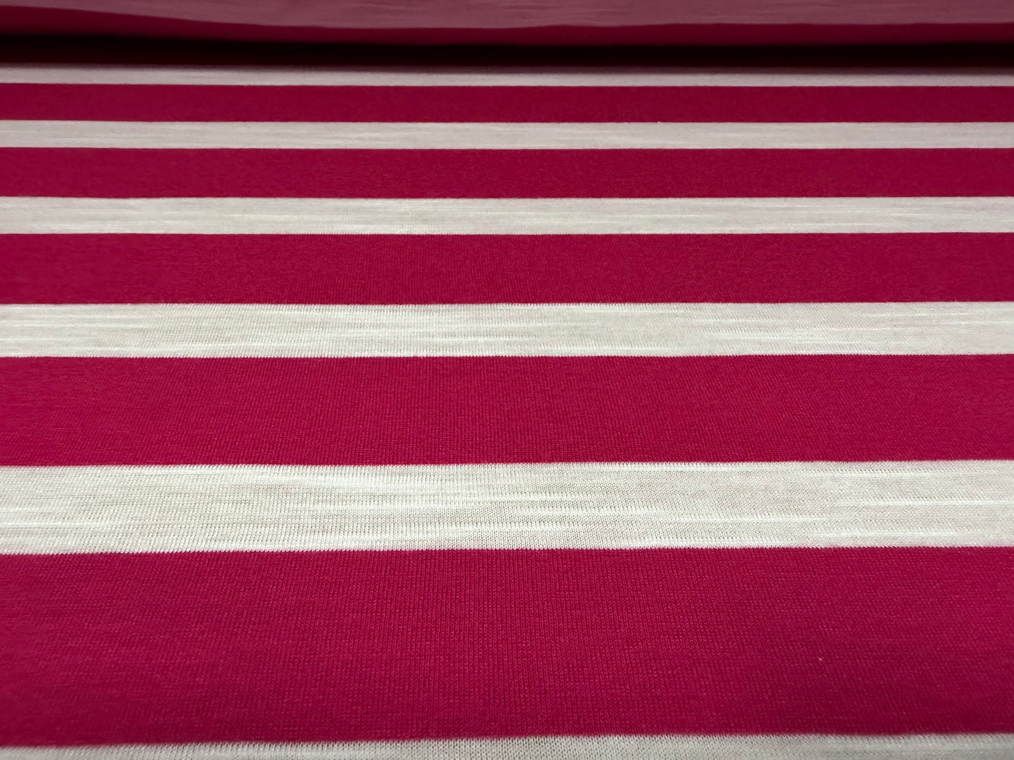 Soft handle single jersey fabric, per metre - slub stripe - fuchsia pink & white