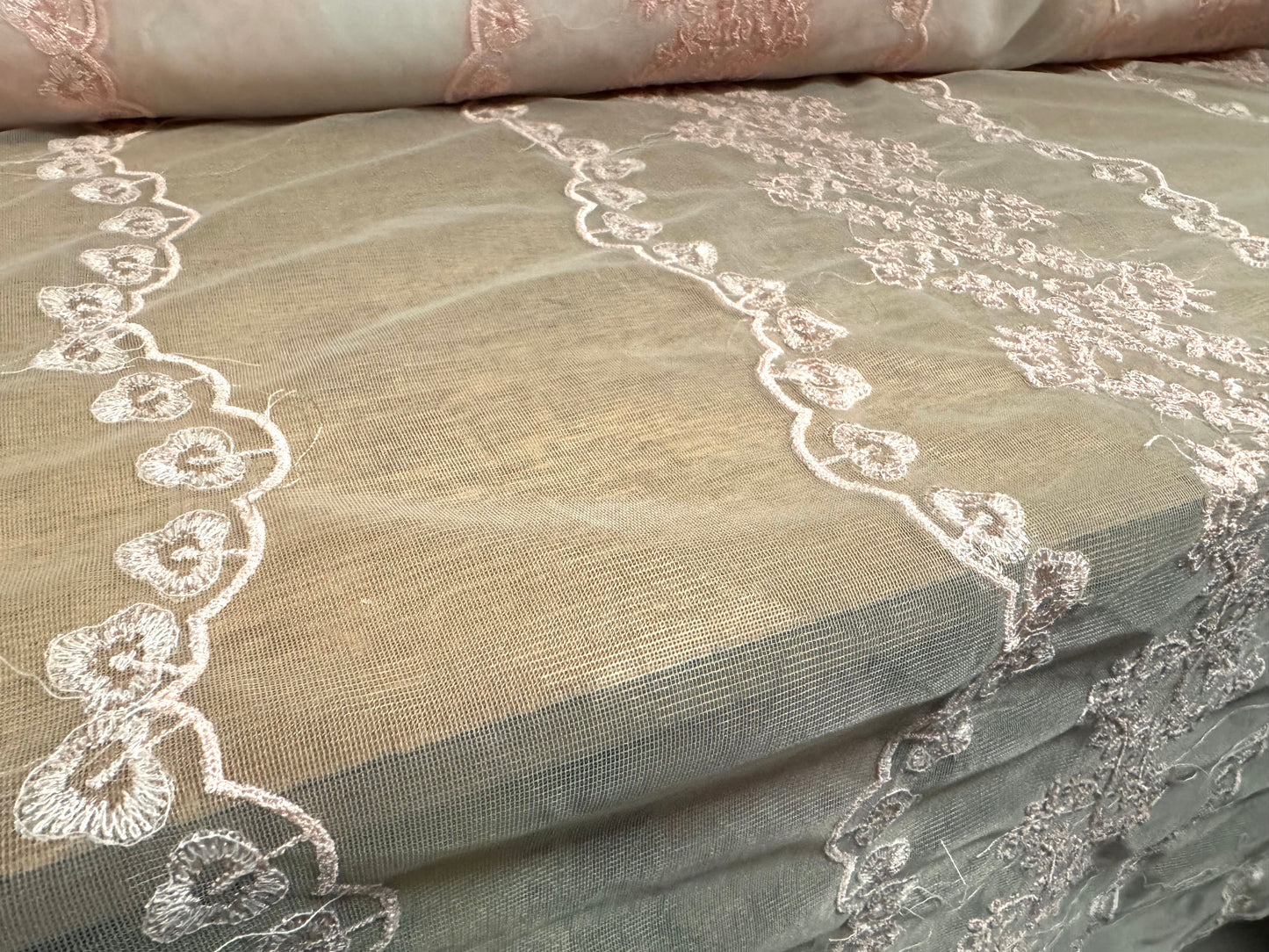 Embroidered tulle mesh net fabric, per metre - floral stripe - blush