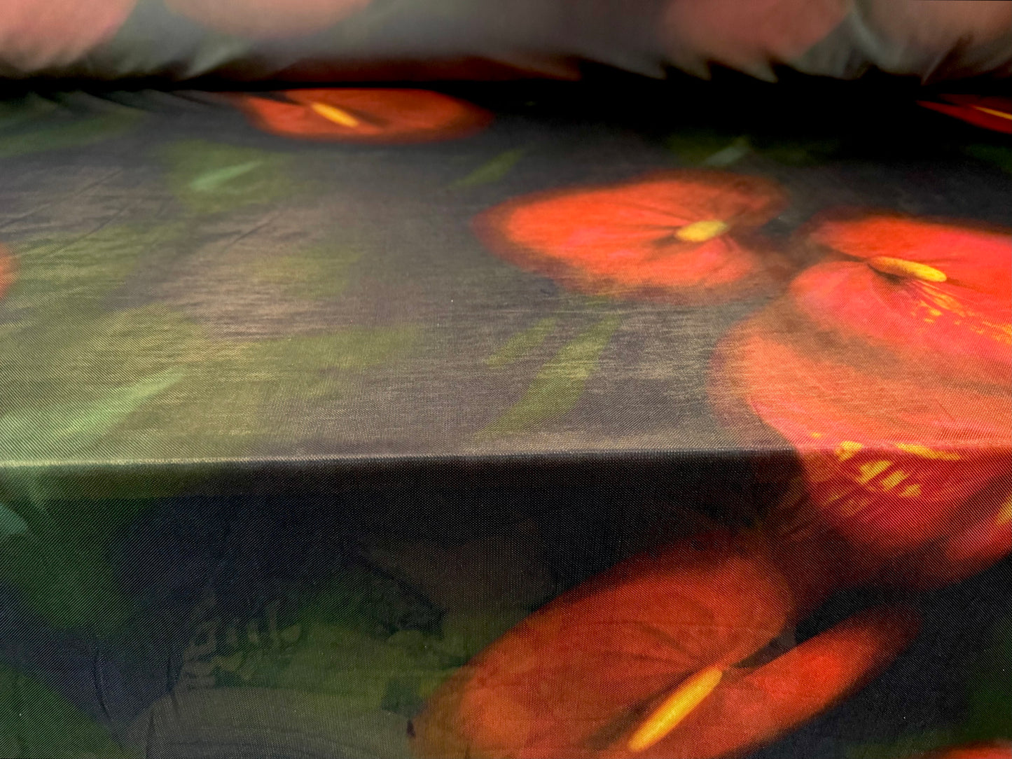 Power mesh net stretch spandex fabric, per metre - jumbo orchid floral print - black bottle green & red