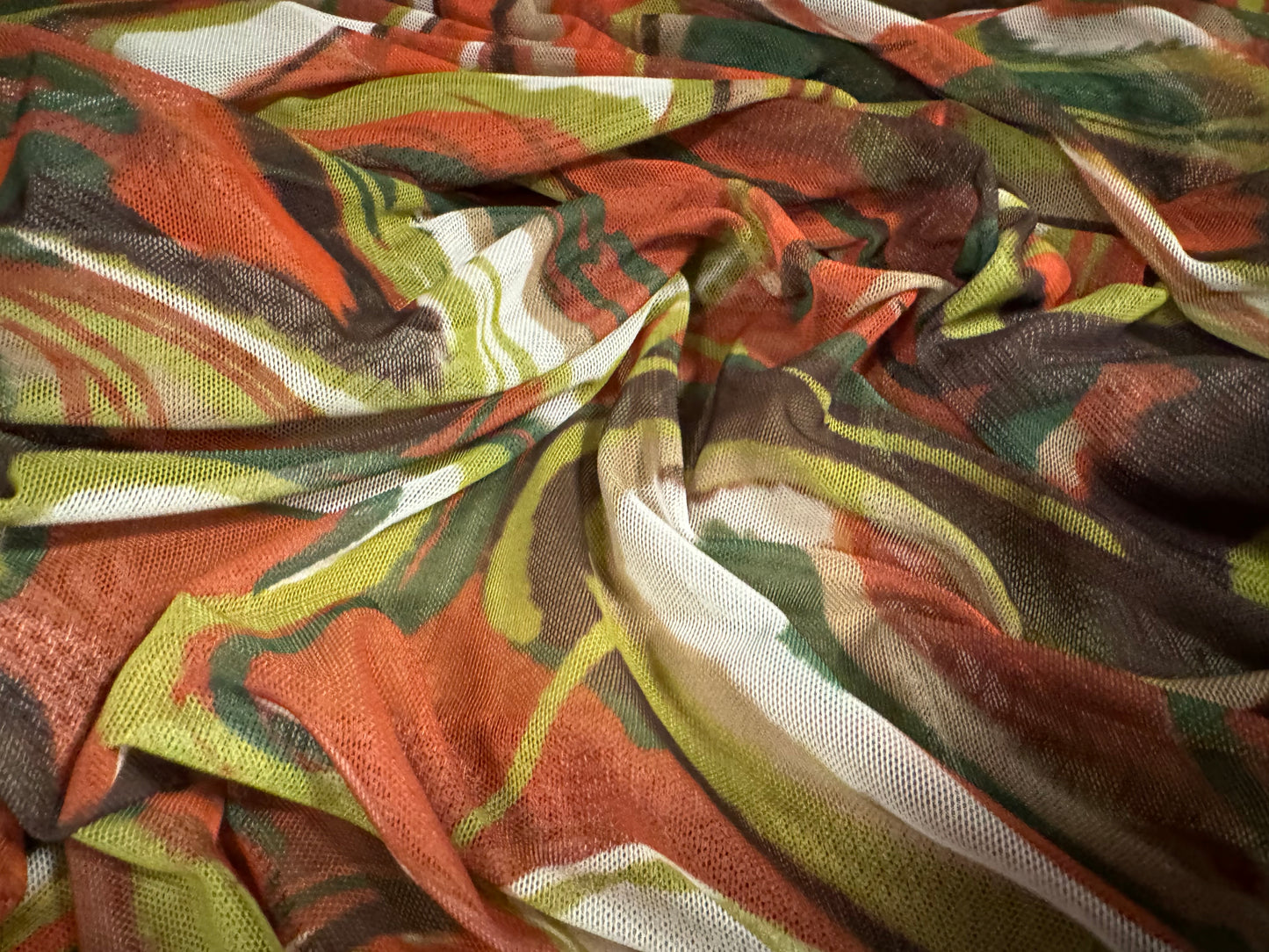 Power mesh net stretch spandex fabric, per metre - abstract print - khaki green & burnt orange