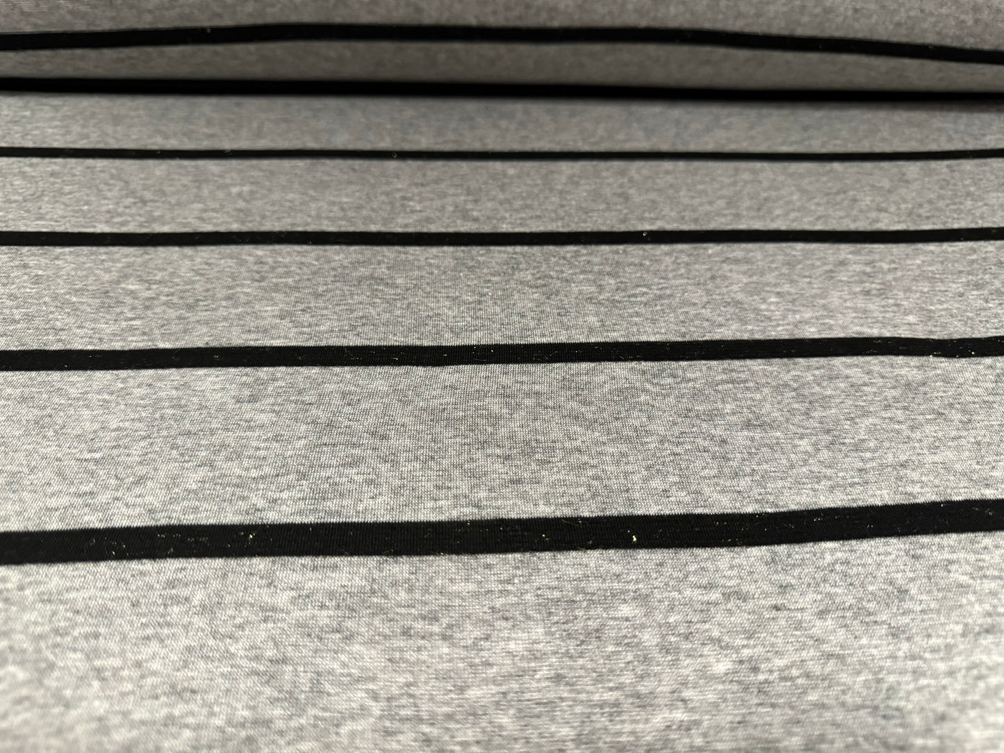 Lightweight single jersey fashion fabric, per metre - metallic stripe - grey marl with black lurex