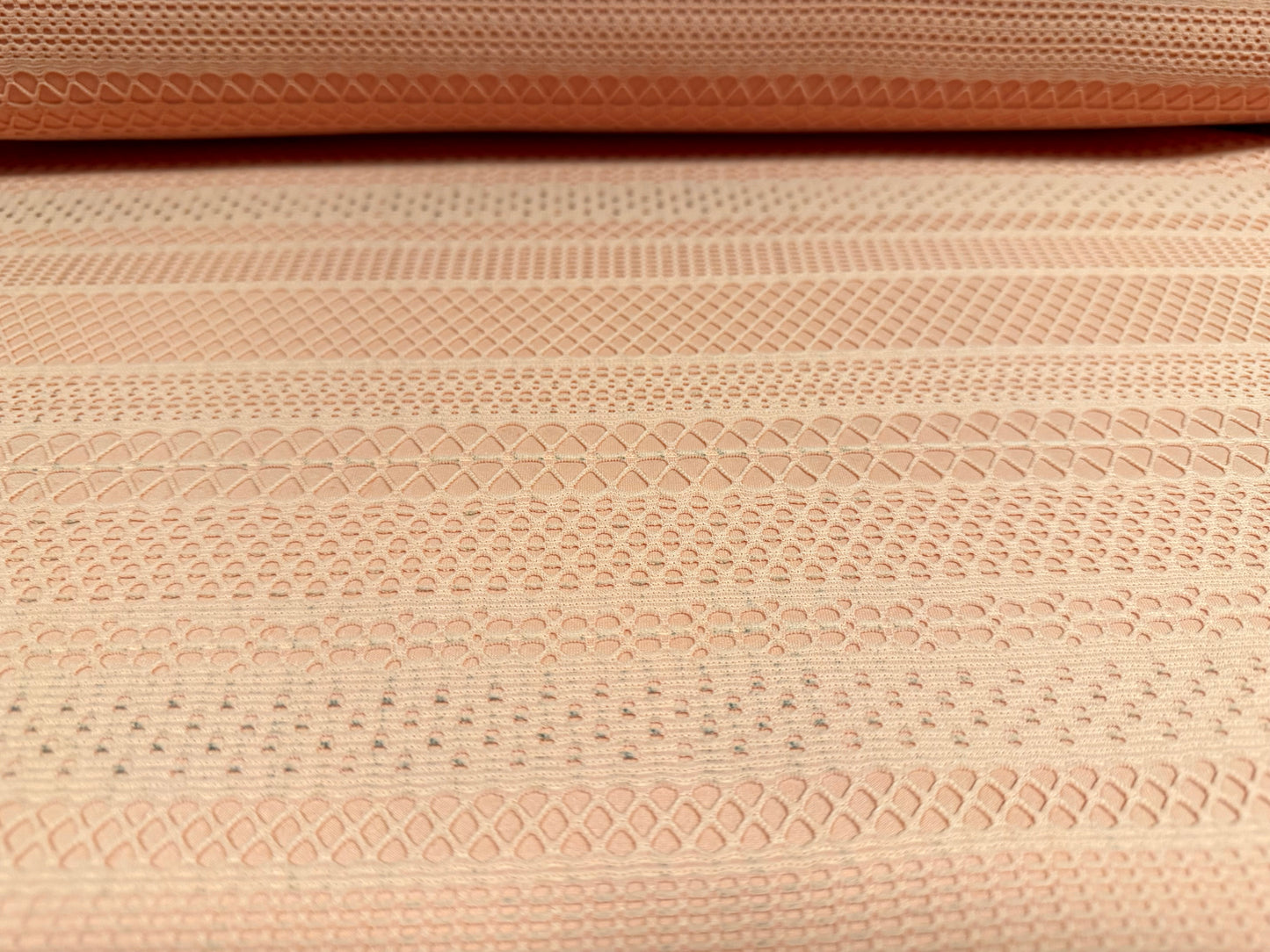 Couture bonded scuba double jersey dress fabric, per metre - fishnet stripe appliqué - nude
