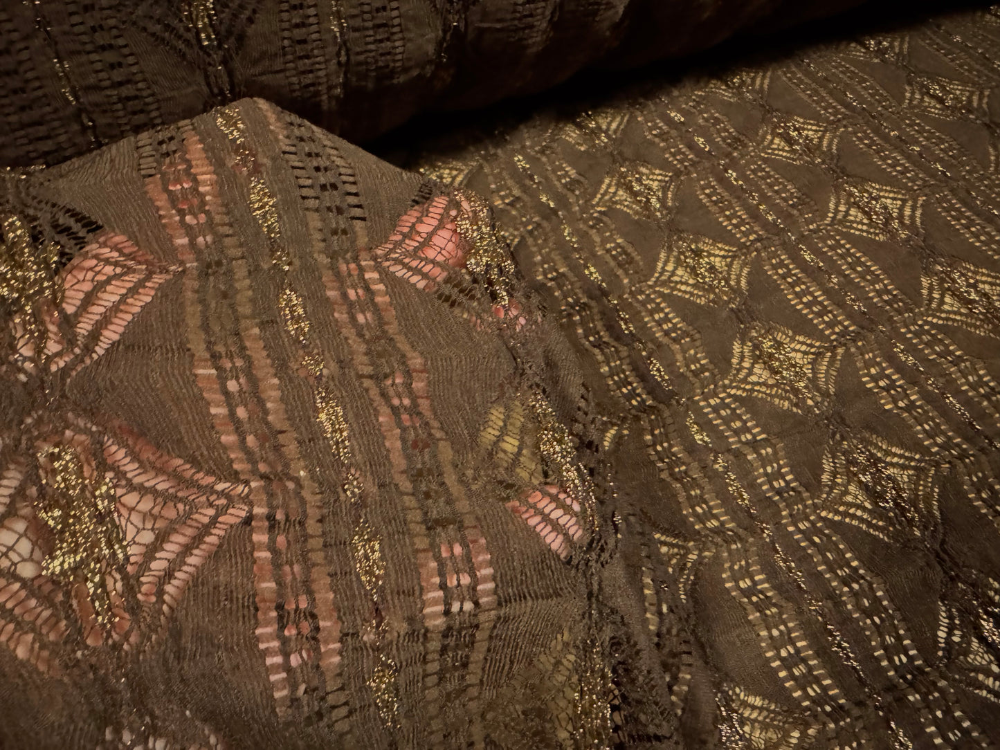 Ruched metallic stretch lace fabric with lurex, per metre - Aztec design - brown & gold