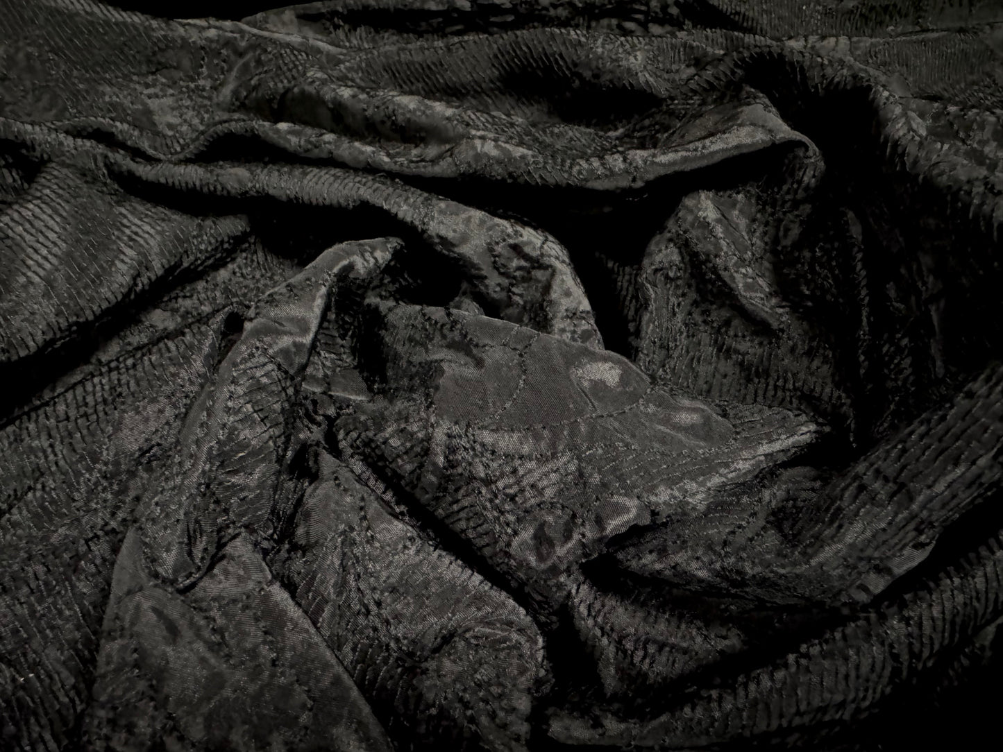 Taffeta faux silk fabric - floral embroidery - black on black