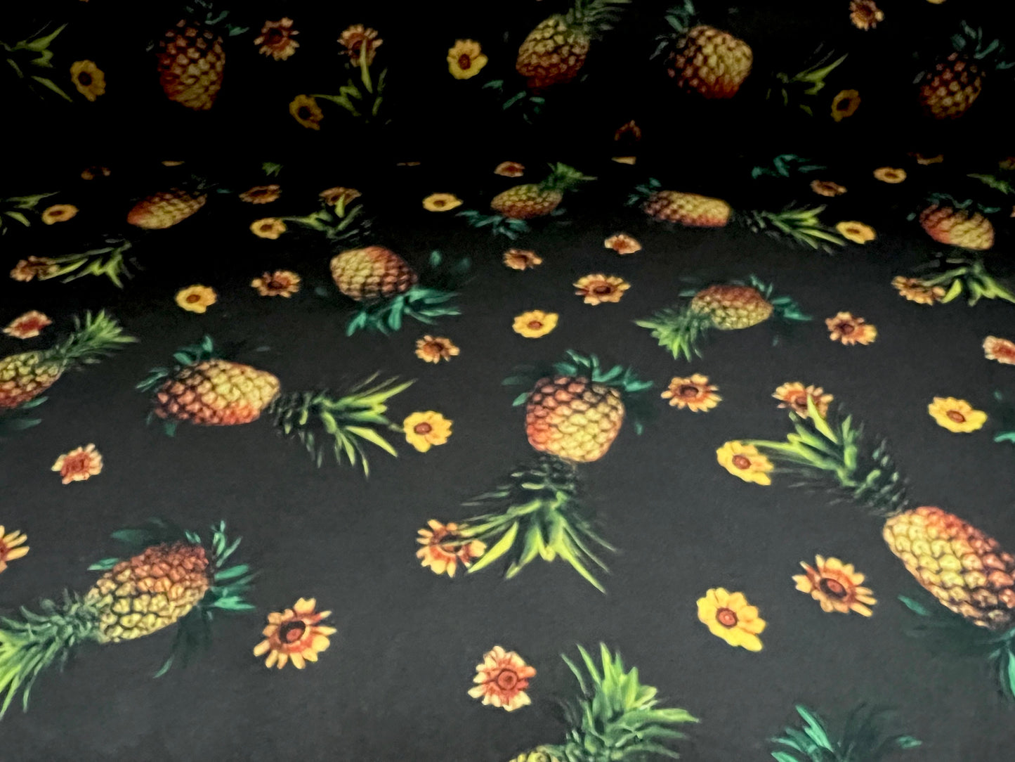 Scuba stretch spandex double jersey dress fabric, per metre - pineapple print - black & amber