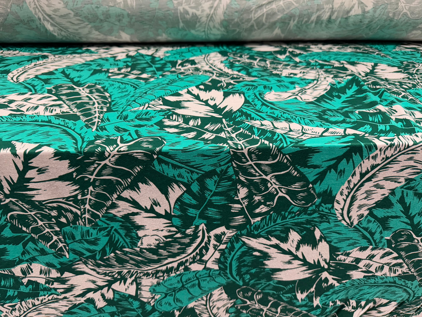 Viscose spandex stretch jersey fabric, per metre - palm leaves print - jade green