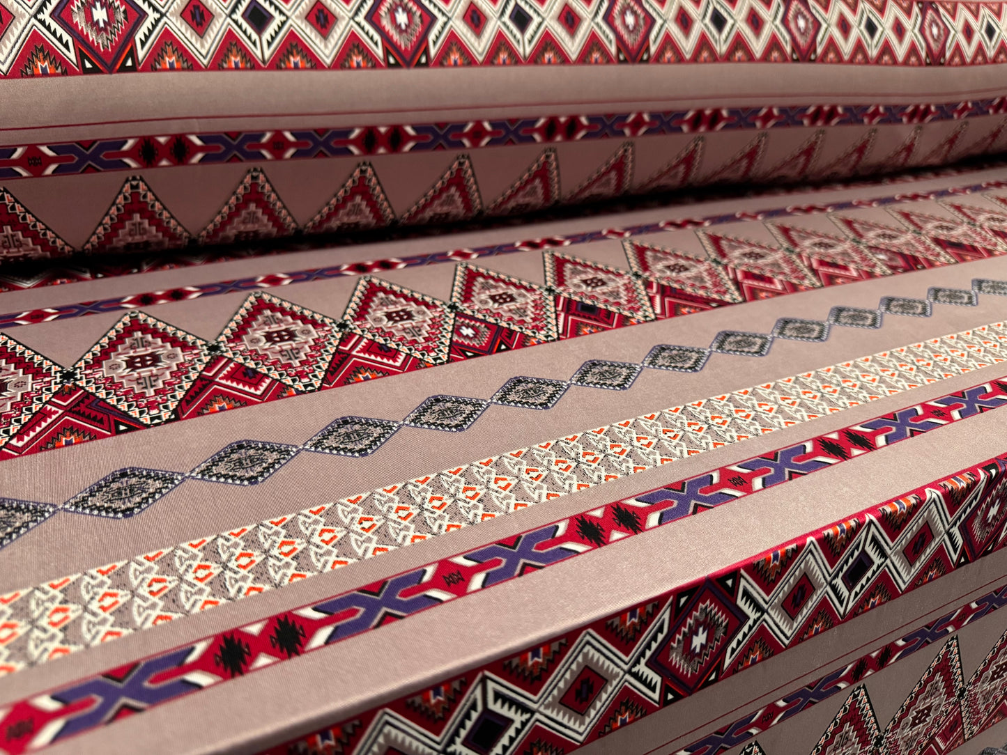 Soft touch stretch spandex jersey fabric, per metre - Aztec Inca print - dusky pink & Fuschia