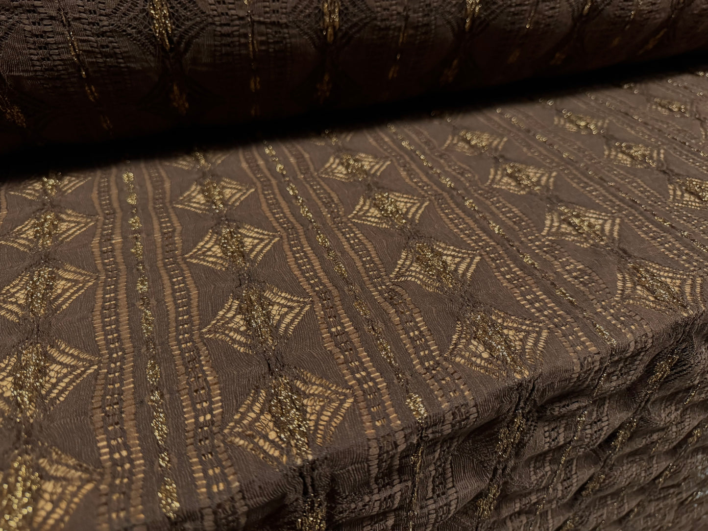 Ruched metallic stretch lace fabric with lurex, per metre - Aztec design - brown & gold