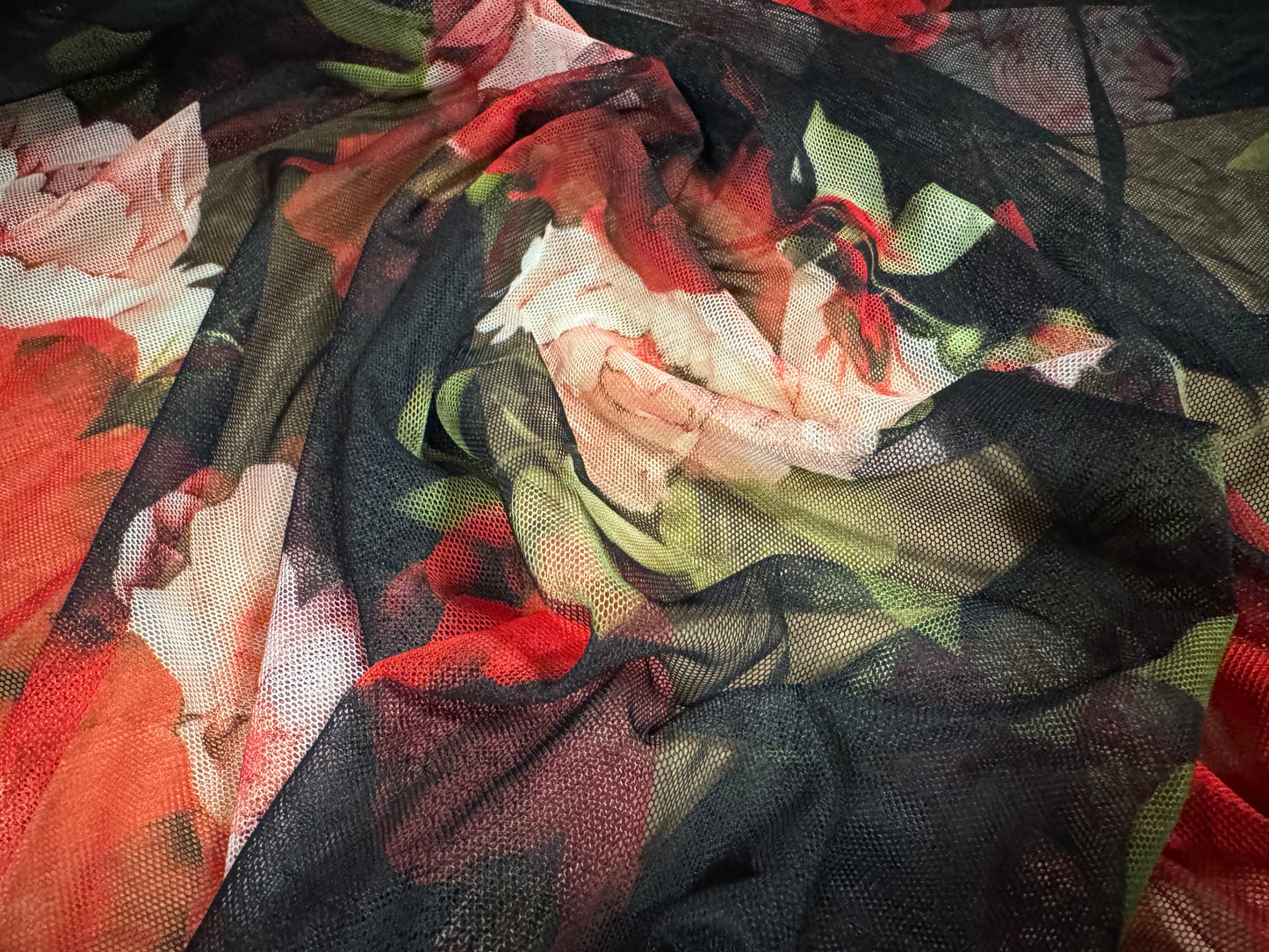 Power mesh net stretch spandex fabric, per metre - English Rose print - black & red