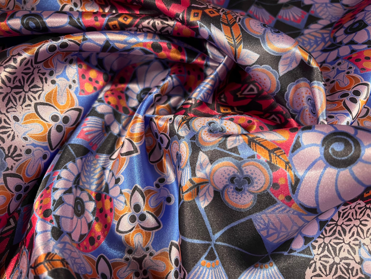 Silky Satin woven dress fabric, per metre - stylised flowers print - lilac & blue