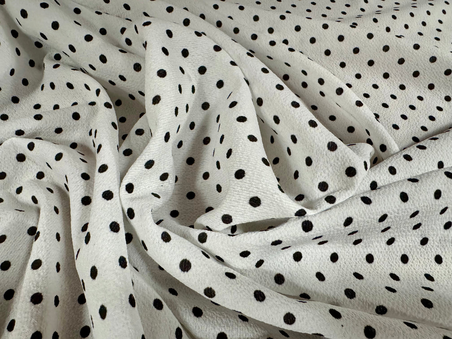 Bubble crepe woven dress fabric, per metre - spots print - white with black dots