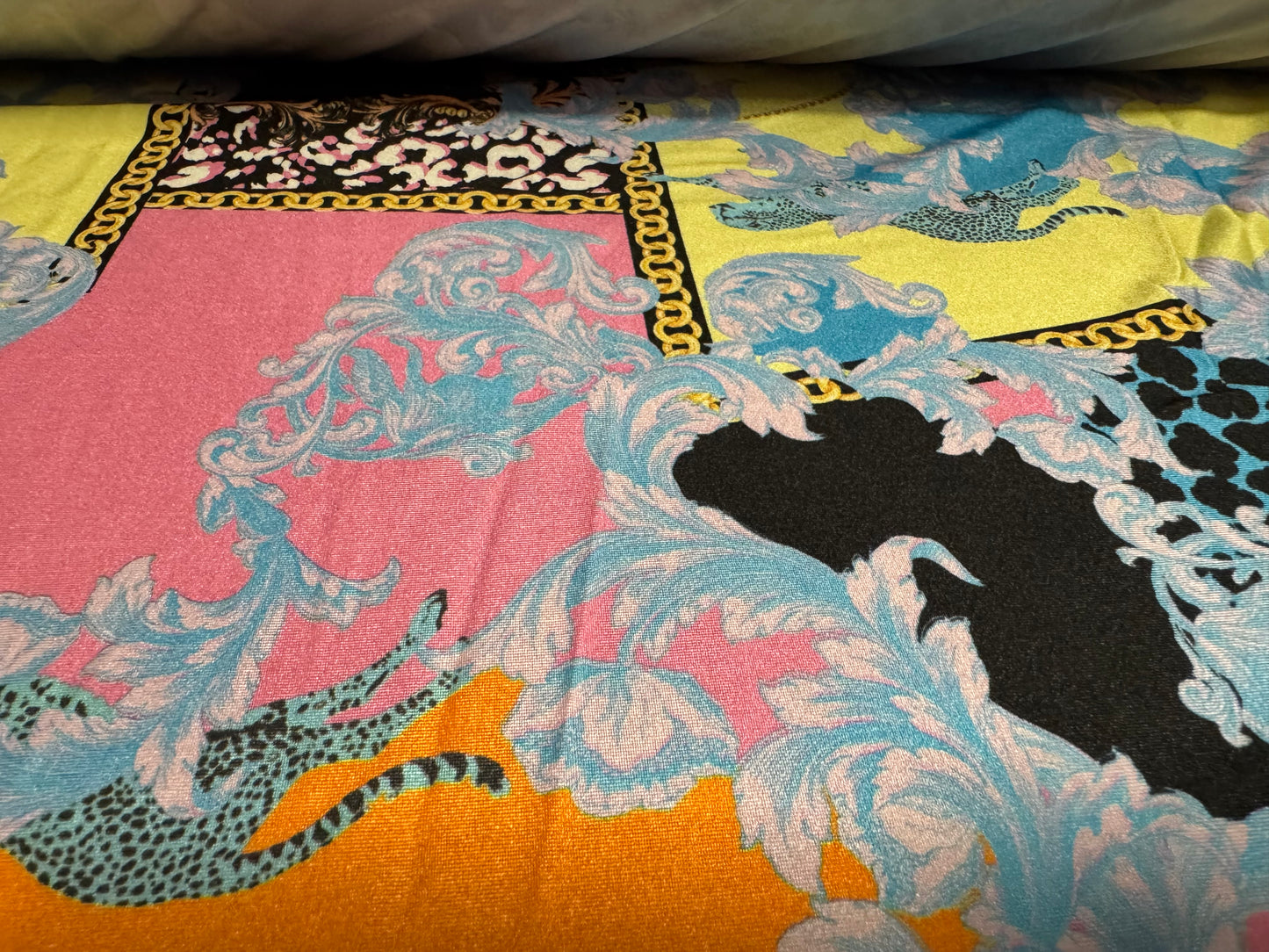 Swimwear stretch spandex jersey fabric, per metre - designer leopard & chains print - multicolour