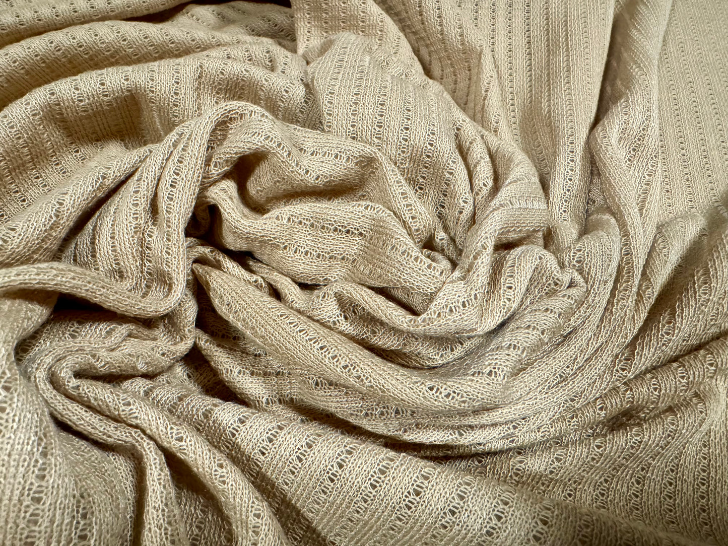 Soft knitwear jersey fabric with needle-out stripe, per metre - beige