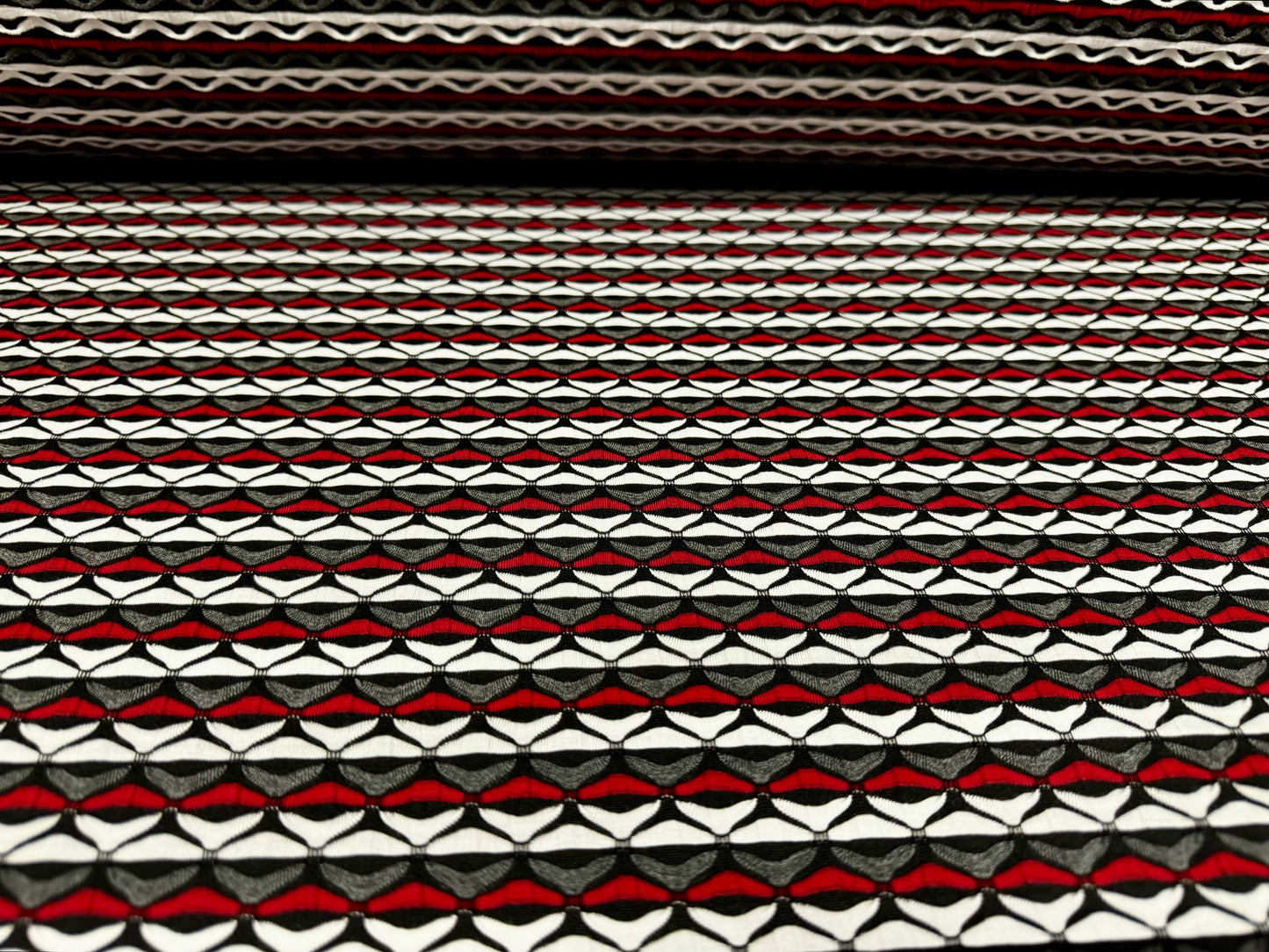 Stretch spandex double jersey fabric, per metre - geometric stripe jacquard - red white & grey