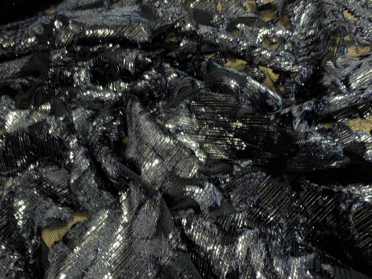 Metallic devoré burnout woven fabric, per metre - damask - indigo & silver lurex
